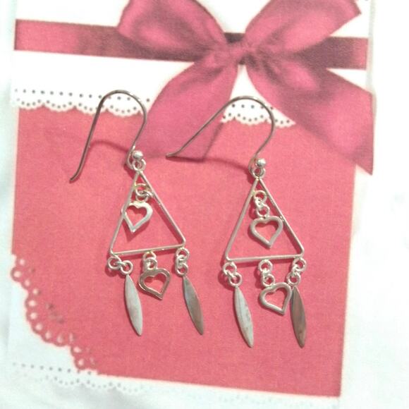 14k rose gold Sterling Silver 925 Dangle Drop Earrings Hearts Love Triangle Hook - Picture 4 of 8